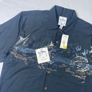 Guy Harvey NEW Mens Size Medium AFTCO Bluewater Black Button Fish Hawaiian Shirt
